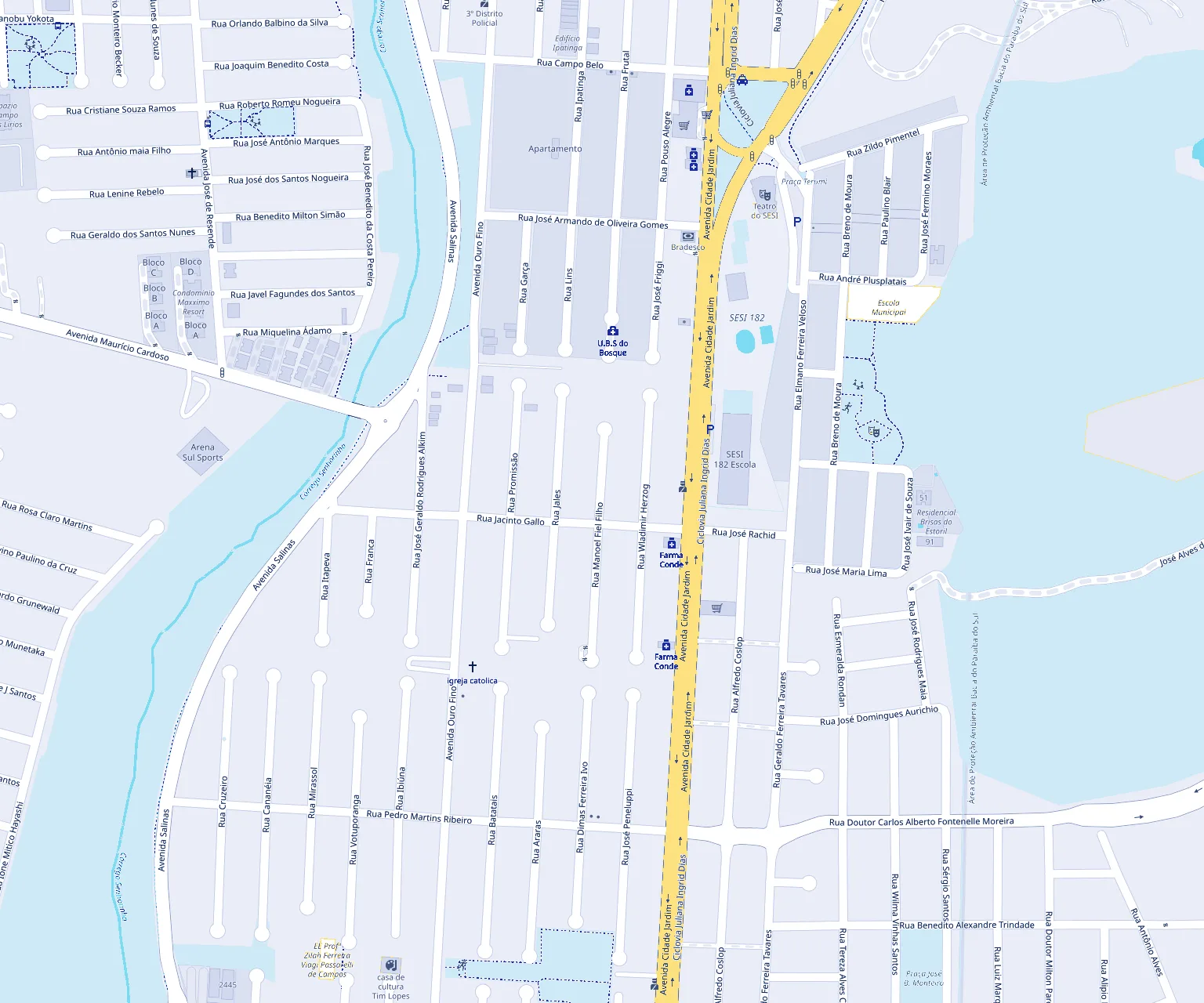 Mapa do Bosque dos Eucaliptos com a Escola Cristã Batista na Rua Wladimir Herzog